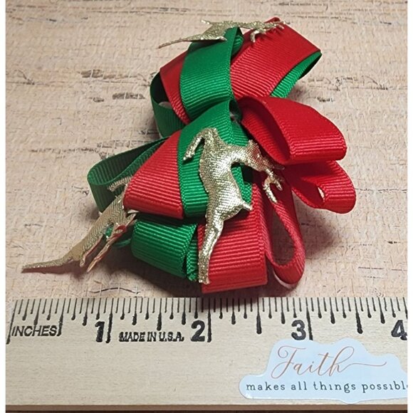 Vintage Christmas Reindeer Red Green Gold Hair Bow Ribbon Taiwan Clip Barrette - Picture 3 of 4